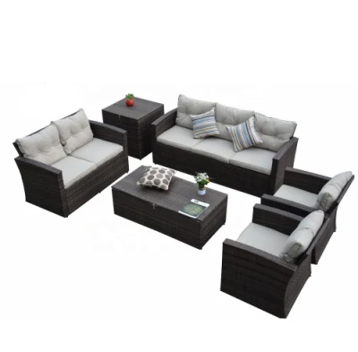 Vendita calda Set di divani in rattan in acciaio di alta qualità Scatola di cuscini funzionale Mobili in vimini da giardino per esterni per tutte le stagioni